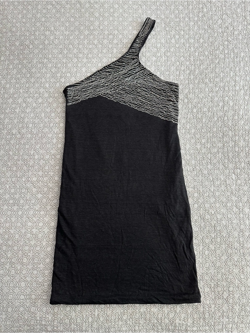 MAJE Black Linen One Shoulder Bodycon Dress Silver Chain Embellishment Size S
